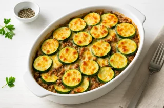 Zucchini-Hackfleisch-Gratin mit goldbraunem Käse überbacken in weißer Auflaufform auf Holztisch