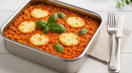 Tomatenreis-Auflauf mit geschmolzenem Mozzarella in Edelstahl-Auflaufform, serviert mit Basilikum