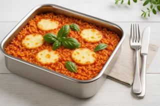 Tomatenreis-Auflauf mit geschmolzenem Mozzarella in Edelstahl-Auflaufform, serviert mit Basilikum