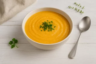 Möhrencremesuppe im weißen tiefen Teller, dekoriert mit frischen Kräutern auf weißem Holzhintergrund
