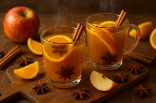 Heiße Tasse Apfel-Zimt-Punsch mit Orangenscheiben, Zimtstange und Sternanis auf Holztisch