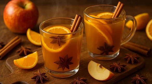Heiße Tasse Apfel-Zimt-Punsch mit Orangenscheiben, Zimtstange und Sternanis auf Holztisch