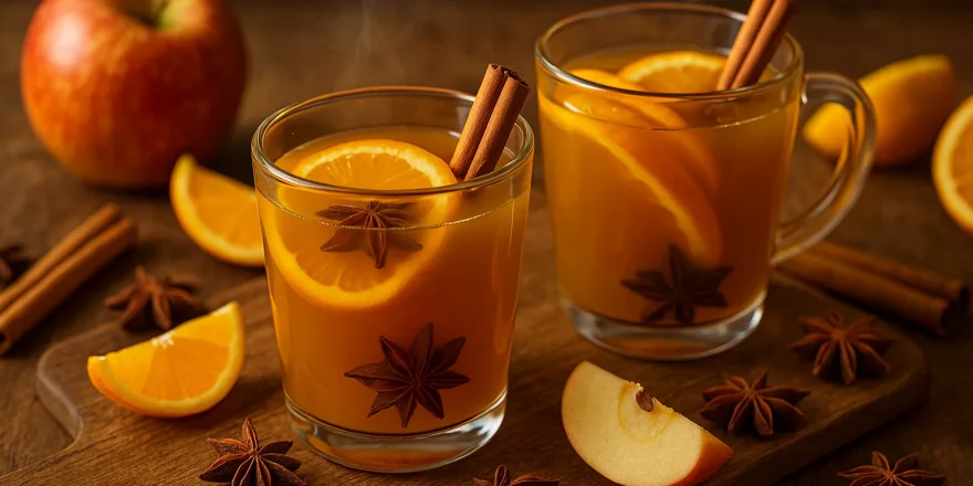 Heiße Tasse Apfel-Zimt-Punsch mit Orangenscheiben, Zimtstange und Sternanis auf Holztisch