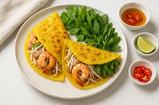 Knusprige vietnamesische Reispfannkuchen Bánh Xèo modern angerichtet auf weißem Teller mit Garnelen, Kräutern und Dip
