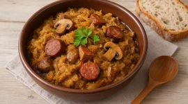 Teller mit polnischem Bigos, herzhaftem Eintopf aus Sauerkraut, Fleisch, Wurst und Pilzen, serviert mit Brot auf rustikalem Tisch