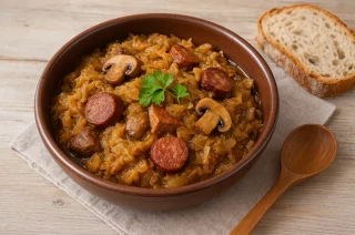 Teller mit polnischem Bigos, herzhaftem Eintopf aus Sauerkraut, Fleisch, Wurst und Pilzen, serviert mit Brot auf rustikalem Tisch