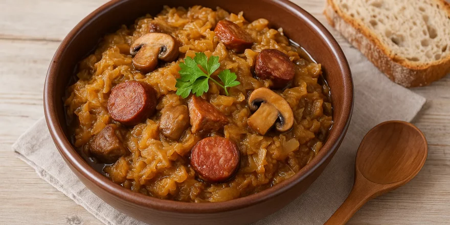 Teller mit polnischem Bigos, herzhaftem Eintopf aus Sauerkraut, Fleisch, Wurst und Pilzen, serviert mit Brot auf rustikalem Tisch