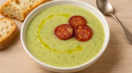 Schale mit Caldo Verde, portugiesischer Grünkohlsuppe mit Chouriço-Scheiben, serviert mit Brot auf hellem Tisch