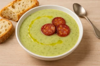 Schale mit Caldo Verde, portugiesischer Grünkohlsuppe mit Chouriço-Scheiben, serviert mit Brot auf hellem Tisch