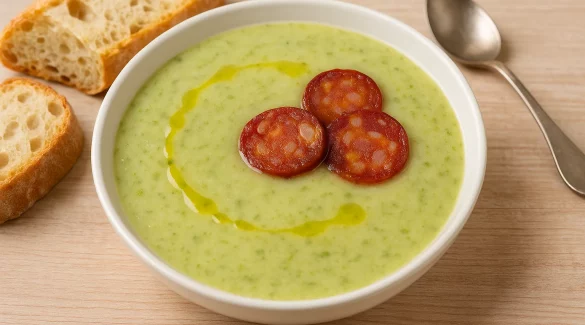 Schale mit Caldo Verde, portugiesischer Grünkohlsuppe mit Chouriço-Scheiben, serviert mit Brot auf hellem Tisch
