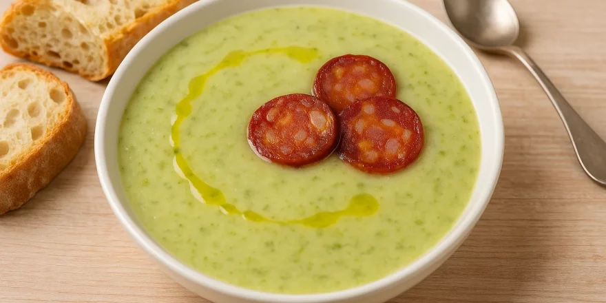 Schale mit Caldo Verde, portugiesischer Grünkohlsuppe mit Chouriço-Scheiben, serviert mit Brot auf hellem Tisch