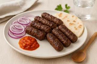 Ćevapčići auf einem Teller mit Zwiebelringen, Ajvar und Fladenbrot, serviert im modernen Stil