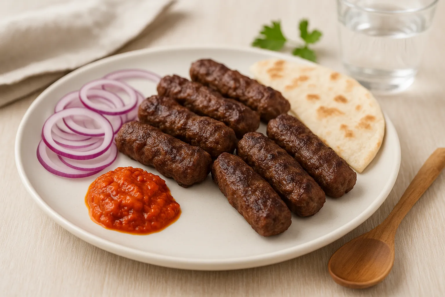 Ćevapčići auf einem Teller mit Zwiebelringen, Ajvar und Fladenbrot, serviert im modernen Stil