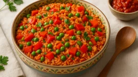 Bunte Schüssel Djuvec-Reis mit Paprika, Erbsen, Tomaten und Petersilie auf hellem Tisch