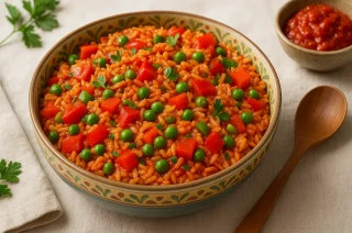 Bunte Schüssel Djuvec-Reis mit Paprika, Erbsen, Tomaten und Petersilie auf hellem Tisch