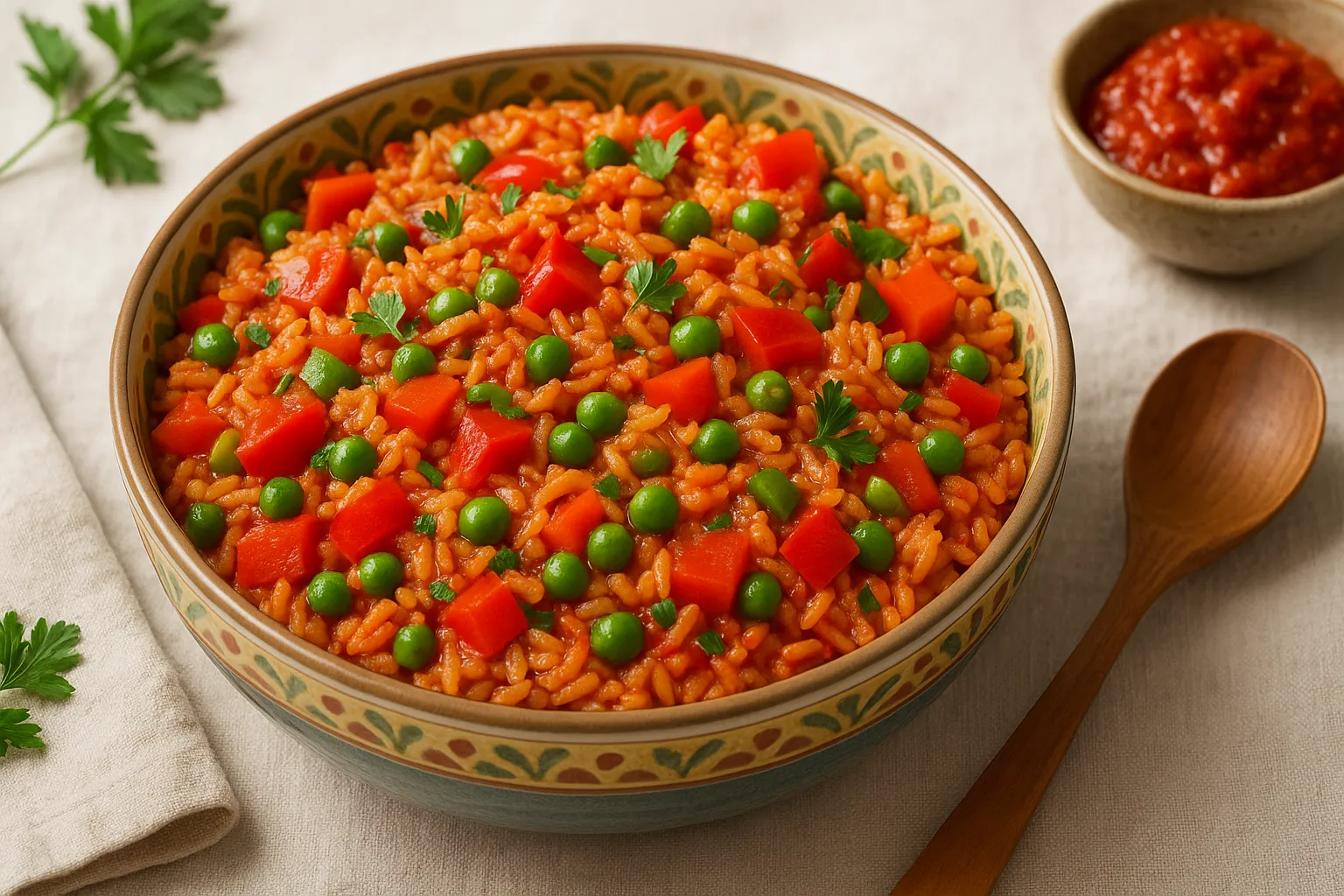 Bunte Schüssel Djuvec-Reis mit Paprika, Erbsen, Tomaten und Petersilie auf hellem Tisch