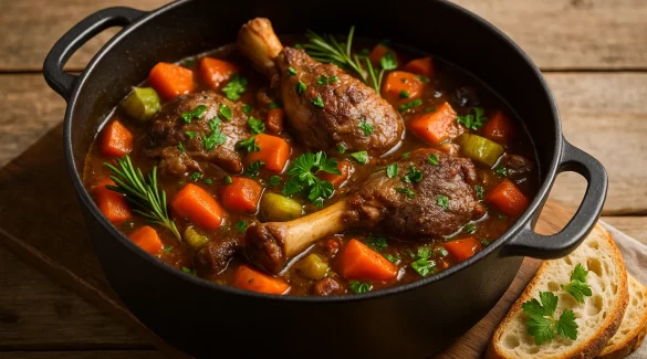 Hammelfleisch mit Karotten, Sellerie und Kräutern in aromatischer Sauce, serviert in Bräter auf rustikalem Tisch