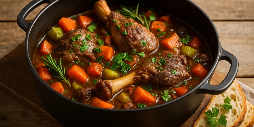Hammelfleisch mit Karotten, Sellerie und Kräutern in aromatischer Sauce, serviert in Bräter auf rustikalem Tisch