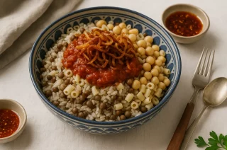 Bunte Schüssel Koshari mit Reis, Linsen, Nudeln, Tomatensoße und knusprigen Zwiebeln auf hellem Tisch