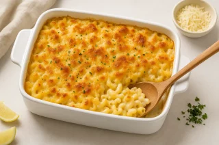 Amerikanisches Mac and Cheese mit goldbrauner Käsekruste in weißer Auflaufform, serviert mit Löffel auf hellem Tisch
