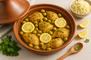 Tajine mit Hähnchen, grünen Oliven, eingelegten Zitronen und frischen Kräutern auf hellem Tisch