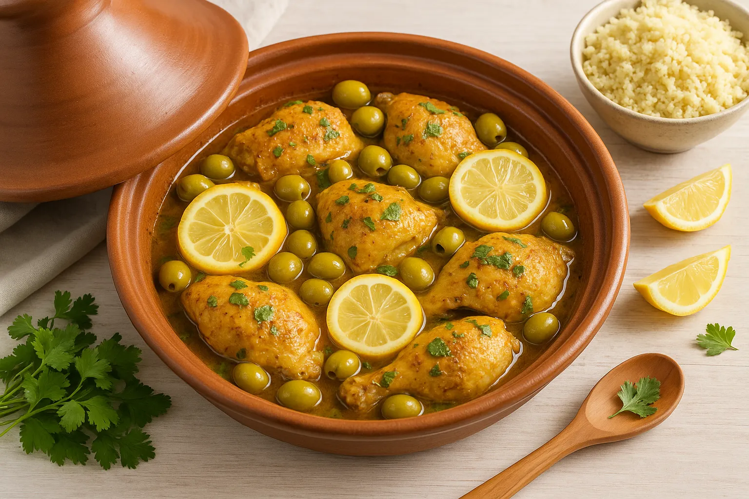 Tajine mit Hähnchen, grünen Oliven, eingelegten Zitronen und frischen Kräutern auf hellem Tisch