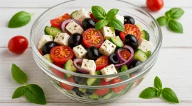 Glasschüssel mit mediterranem Käsesalat aus Feta, Tomaten, Gurken, Oliven und Kräutern auf weißem Holztisch mit Maserung