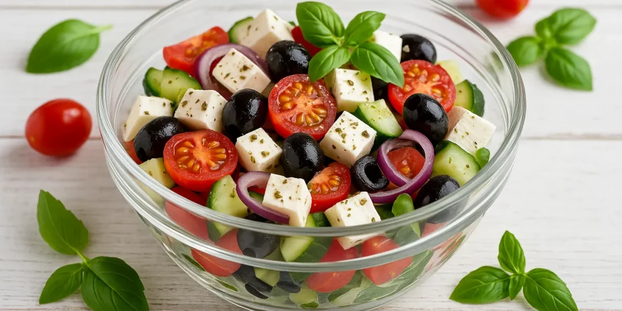 Glasschüssel mit mediterranem Käsesalat aus Feta, Tomaten, Gurken, Oliven und Kräutern auf weißem Holztisch mit Maserung
