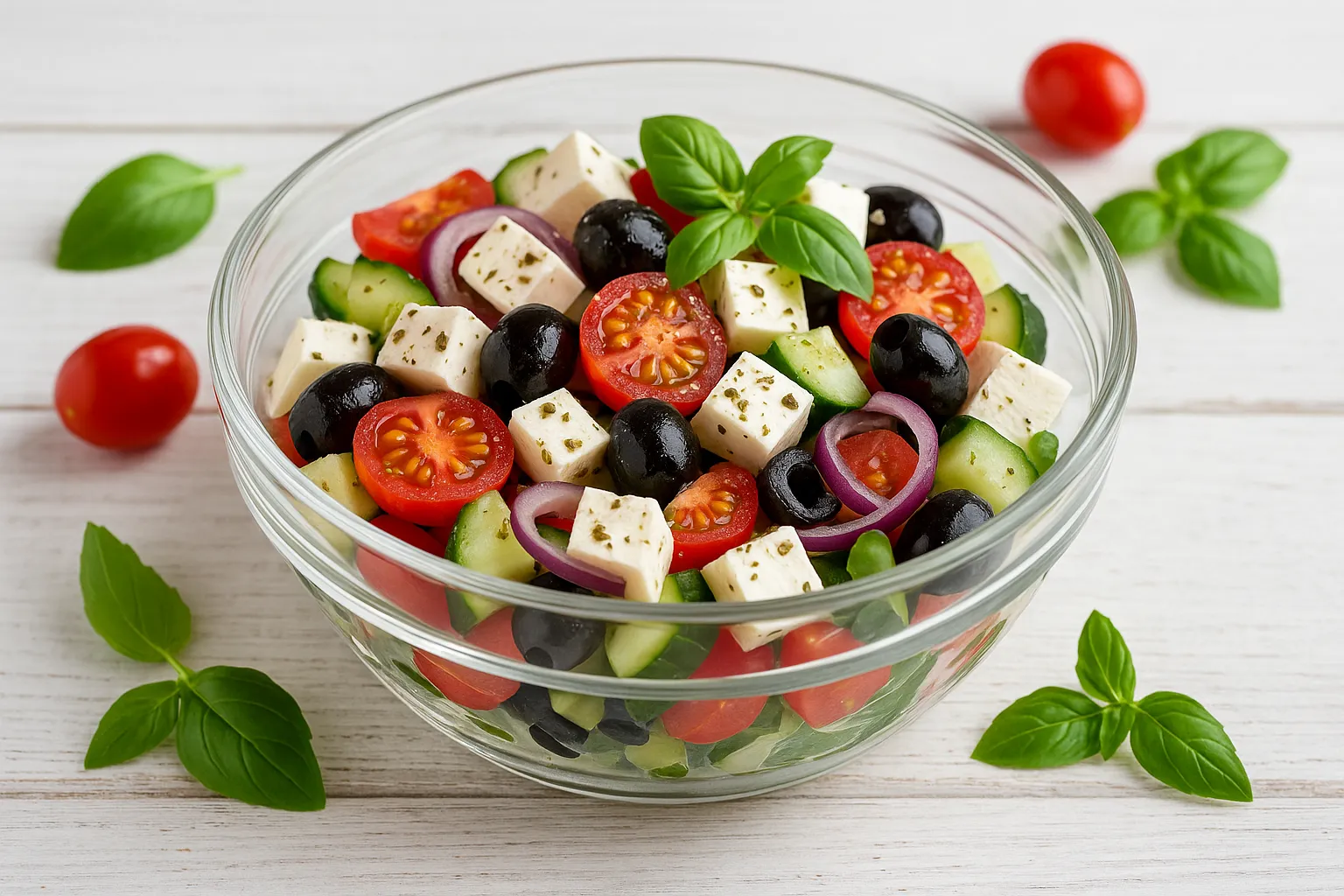 Glasschüssel mit mediterranem Käsesalat aus Feta, Tomaten, Gurken, Oliven und Kräutern auf weißem Holztisch mit Maserung