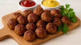 Kleine Frikadellen auf rustikalem Holzbrett mit Schälchen Ketchup, Senf und frischer Petersilie, serviert im hellen Licht