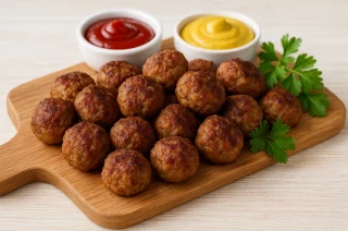 Kleine Frikadellen auf rustikalem Holzbrett mit Schälchen Ketchup, Senf und frischer Petersilie, serviert im hellen Licht