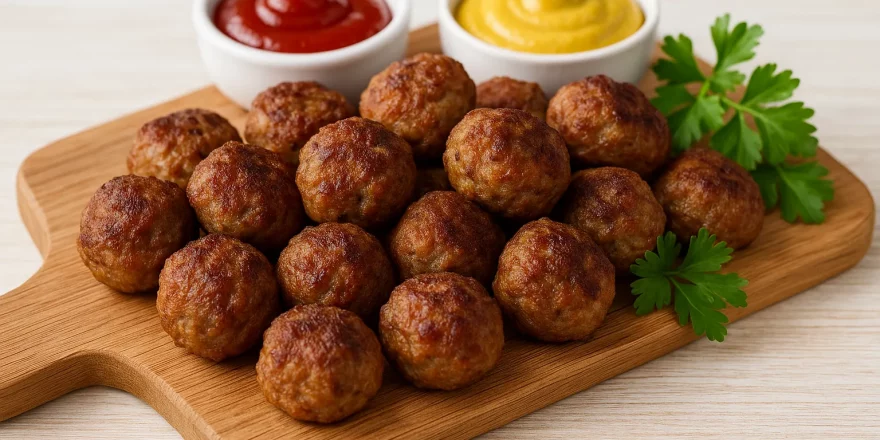 Kleine Frikadellen auf rustikalem Holzbrett mit Schälchen Ketchup, Senf und frischer Petersilie, serviert im hellen Licht