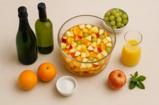 Glaskrug mit Silvesterbowle, frischen Früchten, Minze und Eiswürfeln auf festlichem Tisch mit Gläsern