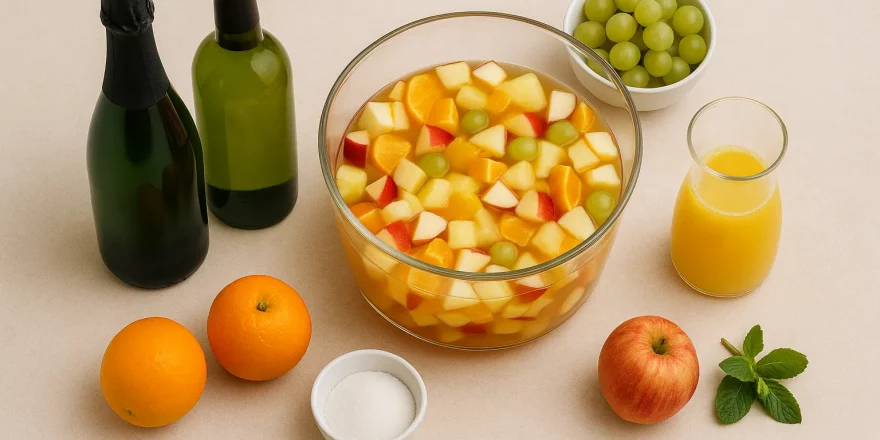 Glaskrug mit Silvesterbowle, frischen Früchten, Minze und Eiswürfeln auf festlichem Tisch mit Gläsern