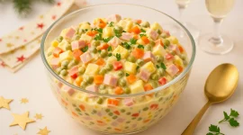 Bunter Silvestersalat mit Fleischwurst, Ei, Erbsen, Paprika und Mayonnaise-Dressing in Glasschale auf festlichem Tisch