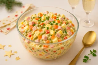 Bunter Silvestersalat mit Fleischwurst, Ei, Erbsen, Paprika und Mayonnaise-Dressing in Glasschale auf festlichem Tisch