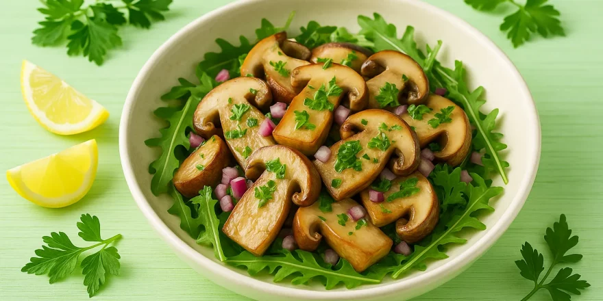 Steinpilzsalat mit frischen Kräutern und Zwiebeln auf hellgrünem Holztisch mit deutlicher Maserung, serviert in heller Schüssel